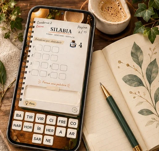 Cuaderno de Sílabas en un móvil, sobre una mesa con café y un cuaderno