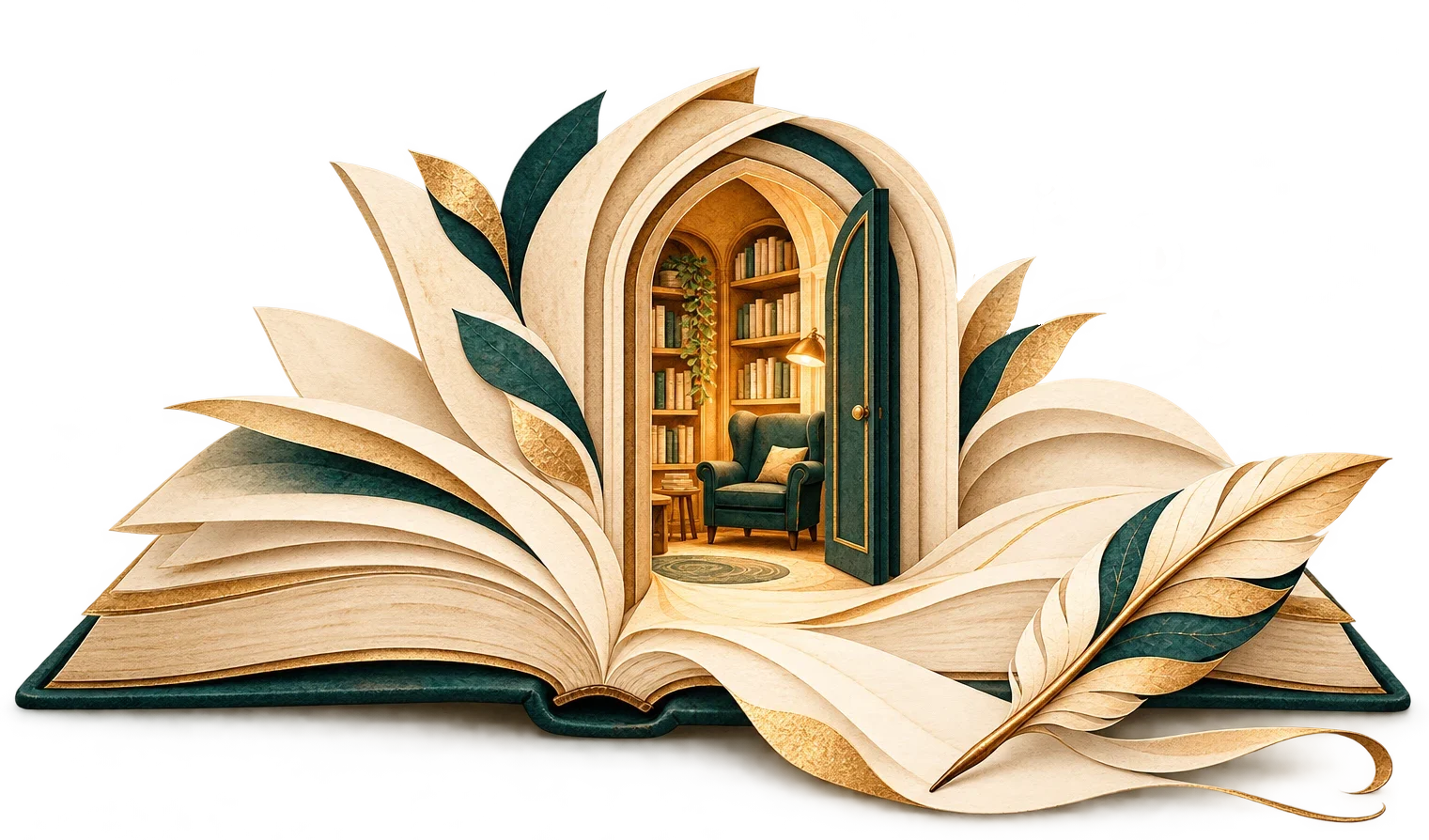 Un libro abierto cuyas páginas se levantan y forman una puerta; dentro, un rincón de lectura con estanterías, un sillón y una lámpara encendida